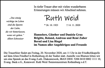 Traueranzeige von Ruth Weid von Rothenburg