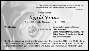 Traueranzeige von Sigrid Franz von Neustadt/ Scheinfeld/ Uffenheim