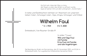 Traueranzeige von Wilhelm Faul von Dinkelsbühl/ Feuchtwangen