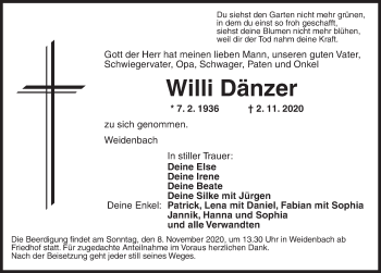 Traueranzeige von Willi Dänzer von Ansbach