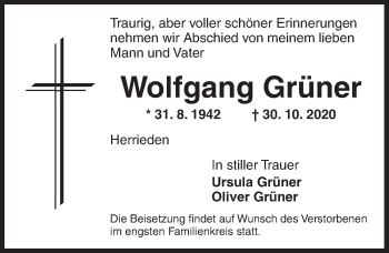 Traueranzeige von Wolfgang Grüner von Dinkelsbühl/ Feuchtwangen