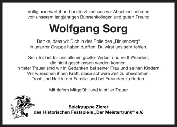 Traueranzeige von Wolfgang Sorg von Rothenburg