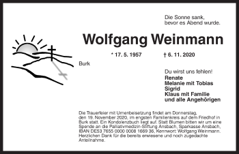 Traueranzeige von Wolfgang Weinmann von Dinkelsbühl/ Feuchtwangen