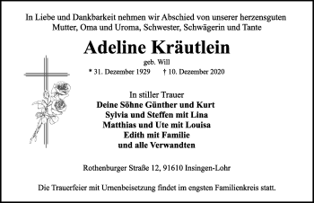 Traueranzeige von Adeline Kräutlein von Rothenburg