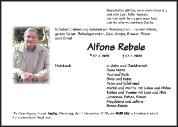 Traueranzeige von Alfons Rebele von Dinkelsbühl/ Feuchtwangen