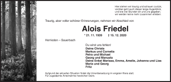 Traueranzeige von Alois Friedel von Ansbach
