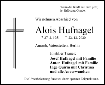 Traueranzeige von Alois Hufnagel von Ansbach