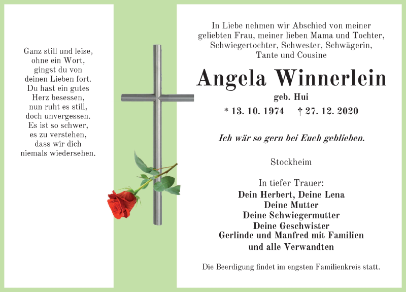  Traueranzeige für Angela Winnerlein vom 31.12.2020 aus Ansbach