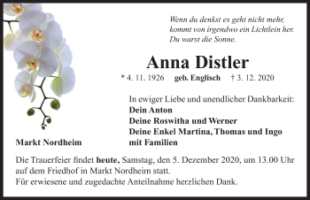 Traueranzeige von Anna Distler von Neustadt/ Scheinfeld/ Uffenheim