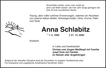 Traueranzeige von Anna Schlabitz von Ansbach