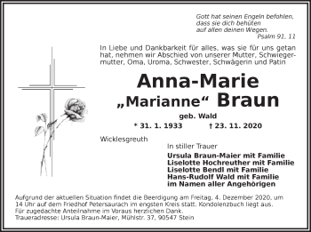 Traueranzeige von Anna Marie Braun von Ansbach