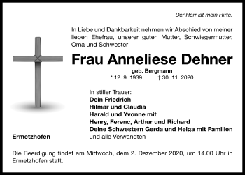 Traueranzeige von Anneliese Dehner von Neustadt/ Scheinfeld/ Uffenheim