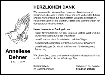 Traueranzeige von Anneliese Dehner von Neustadt/ Scheinfeld/ Uffenheim