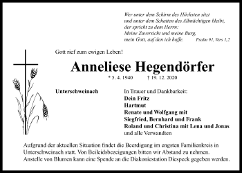 Traueranzeige von Anneliese Hegendörfer von Neustadt/ Scheinfeld/ Uffenheim