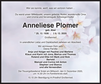 Traueranzeige von Anneliese Plomer von Ansbach