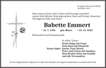 Traueranzeige von Babette Emmert von Ansbach