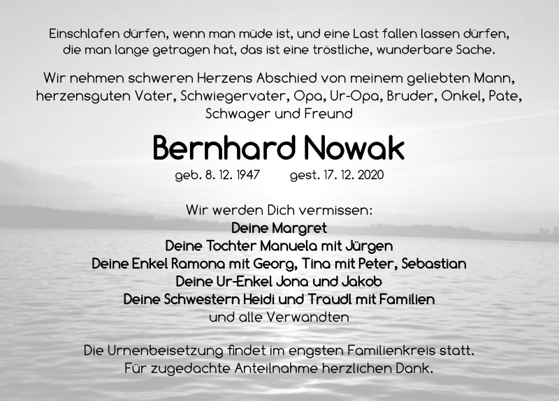  Traueranzeige für Bernhard Nowak vom 22.12.2020 aus Neustadt/ Scheinfeld/ Uffenheim