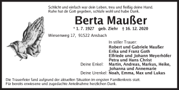 Traueranzeige von Berta Maußer von Ansbach
