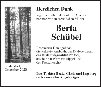 Traueranzeige von Berta Schübel von Ansbach