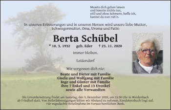 Traueranzeige von Berta Schübel von Ansbach