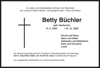 Traueranzeige von Betty Büchler von Ansbach