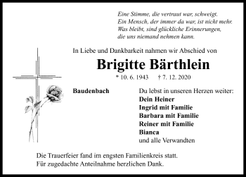 Traueranzeige von Brigitte Bärthlein von Neustadt/ Scheinfeld/ Uffenheim