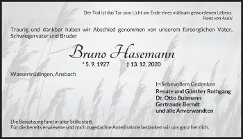 Traueranzeige von Bruno Hasemann von Dinkelsbühl/ Feuchtwangen