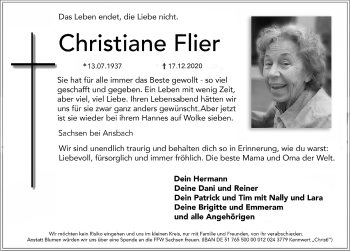 Traueranzeige von Christiane Flier von Ansbach