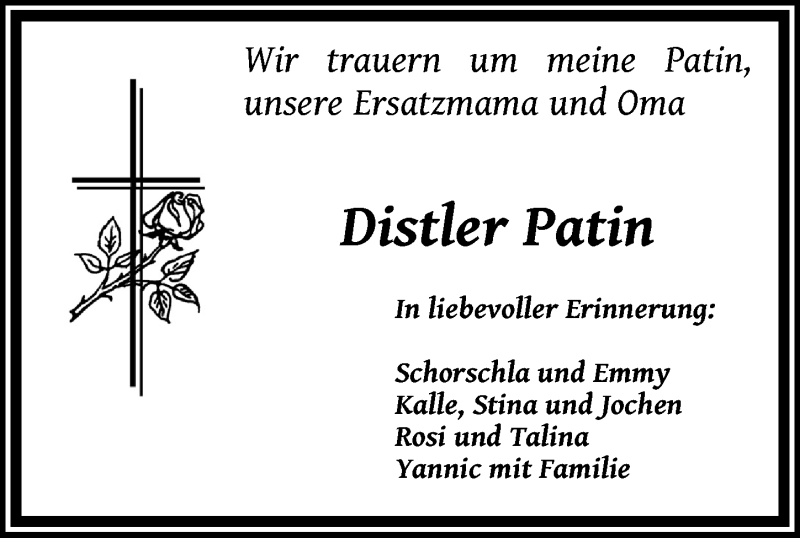  Traueranzeige für Distler Patin vom 05.12.2020 aus Neustadt/ Scheinfeld/ Uffenheim