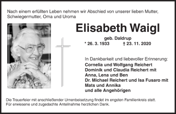 Traueranzeige von Elisabeth Waigl von Ansbach