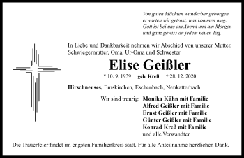 Traueranzeige von Elise Geißler von Neustadt/ Scheinfeld/ Uffenheim