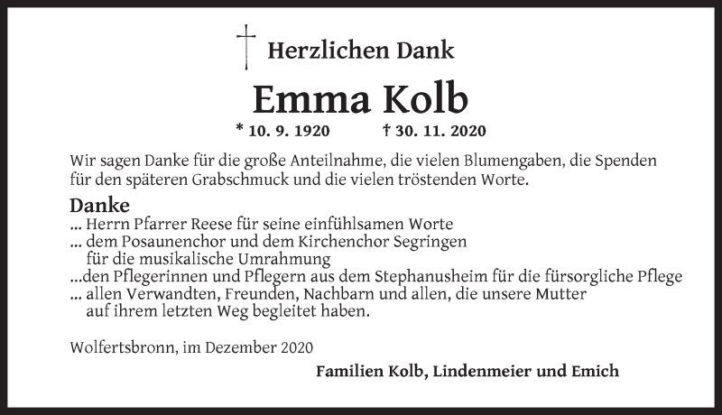  Traueranzeige für Emma Kolb vom 22.12.2020 aus Dinkelsbühl/ Feuchtwangen