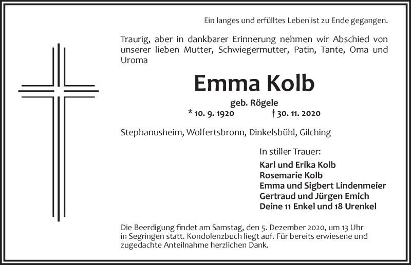  Traueranzeige für Emma Kolb vom 03.12.2020 aus Dinkelsbühl/ Feuchtwangen