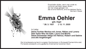 Traueranzeige von Emma Oehler von Ansbach