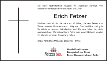 Traueranzeige von Erich Fetzer von Rothenburg