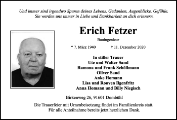 Traueranzeige von Erich Fetzer von GE