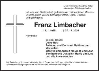 Traueranzeige von Franz Limbacher von Dinkelsbühl/ Feuchtwangen