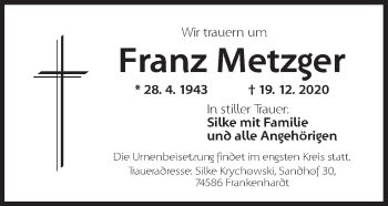 Traueranzeige von Franz Metzger von Dinkelsbühl/ Feuchtwangen