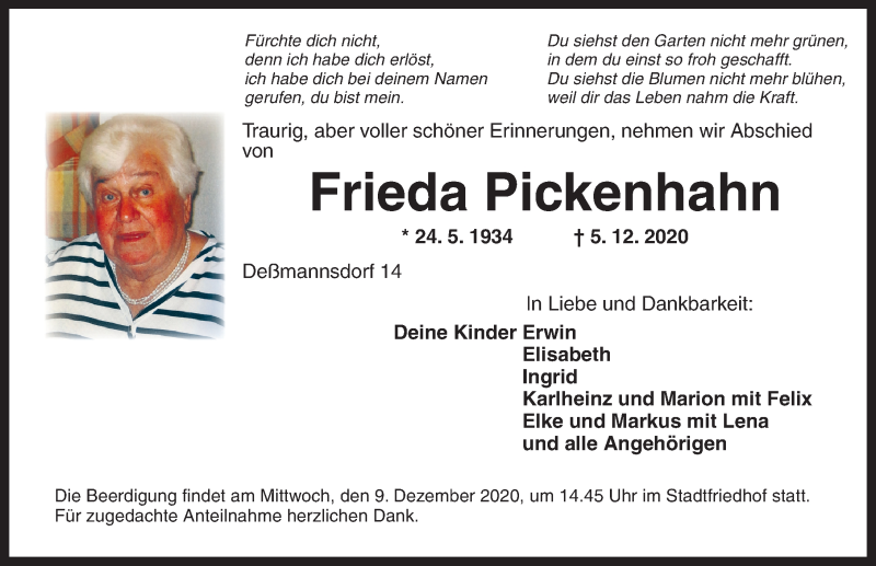  Traueranzeige für Frieda Pickenhahn vom 08.12.2020 aus Ansbach