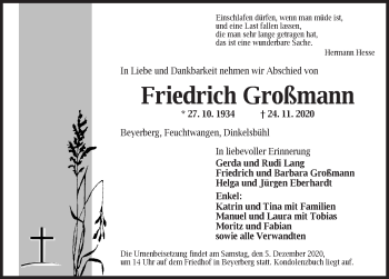 Traueranzeige von Friedrich Großmann von Dinkelsbühl/ Feuchtwangen