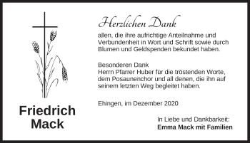 Traueranzeige von Friedrich Mack von Dinkelsbühl/ Feuchtwangen