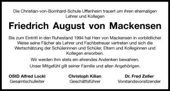 Traueranzeige von Friedrich August von Mackensen von Neustadt/ Scheinfeld/ Uffenheim