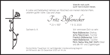 Traueranzeige von Fritz Bößenecker von Ansbach