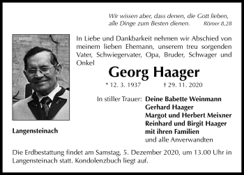 Traueranzeige von Georg Haager von Neustadt/ Scheinfeld/ Uffenheim