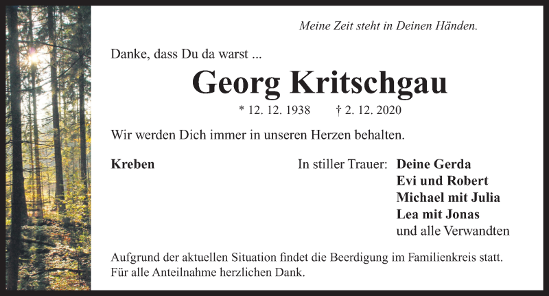  Traueranzeige für Georg Kritschgau vom 04.12.2020 aus Neustadt/ Scheinfeld/ Uffenheim