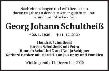 Traueranzeige von Georg Johann Schultheiß von Ansbach