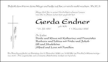 Traueranzeige von Gerda Endner von Ansbach