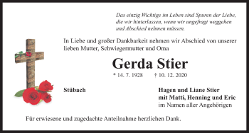 Traueranzeige von Gerda Stier von Neustadt/ Scheinfeld/ Uffenheim