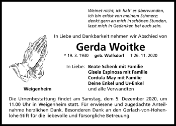 Traueranzeige von Gerda Woitke von Neustadt/ Scheinfeld/ Uffenheim