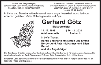 Traueranzeige von Gerhard Götz von Ansbach